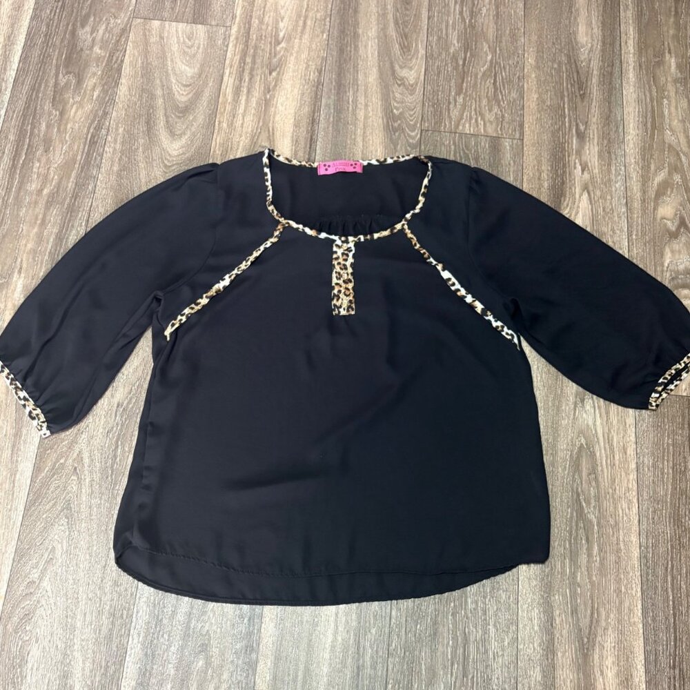 WOMENS PLUS SIZE 2XL CASUAL BLOUSE TOP BLACK & CHEETAH ANIMAL PRINT HALF SLEEVE